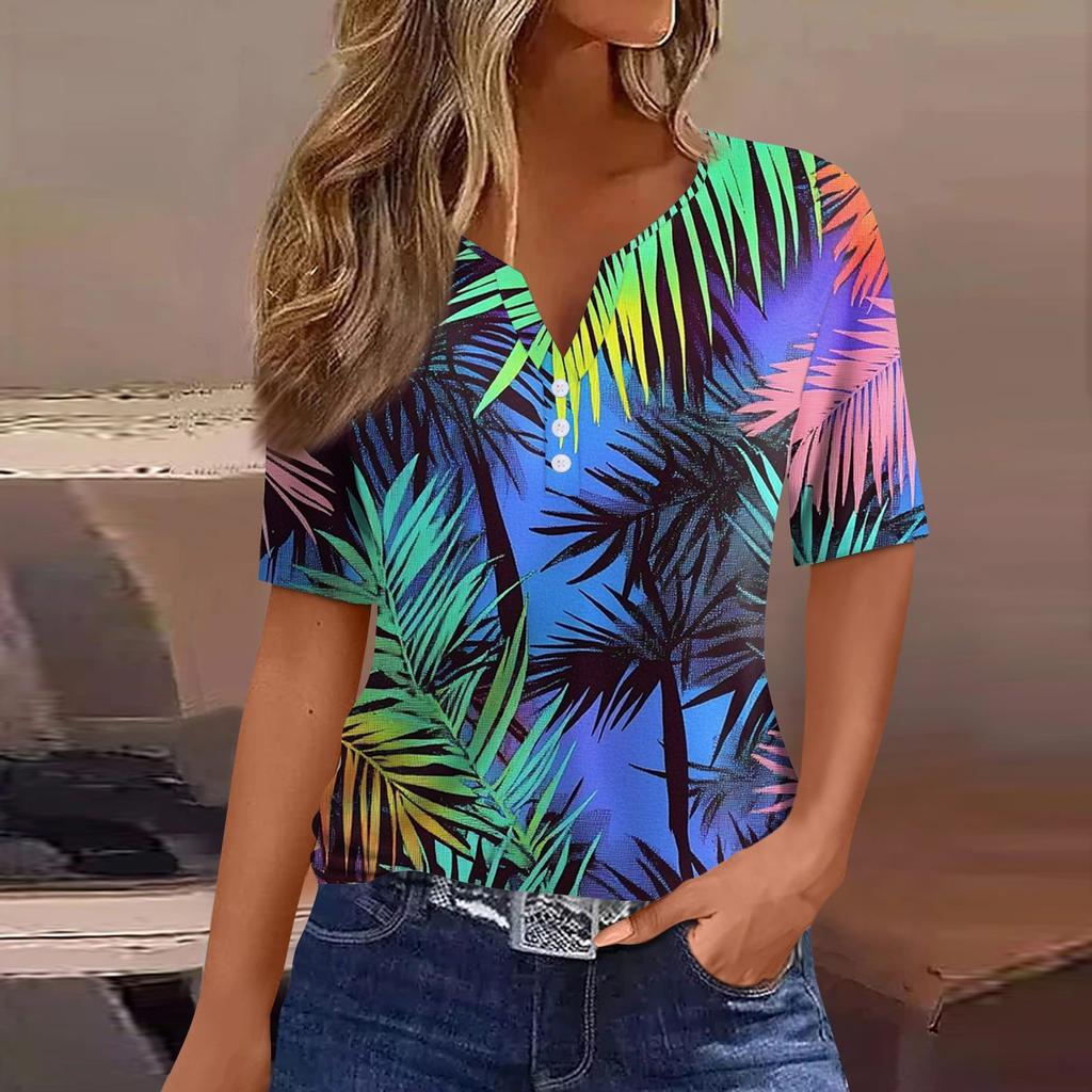 Women's T Shirt Print Button Short Sleeve Daily Weekend Fashion Basic V- Neck Regular Top