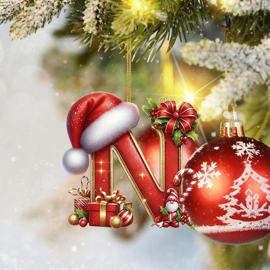 Red Initials Christmas Ornaments 2D Acrylic Personalized Gnomes Monogram Pendant with Santa Hat 26 Letters Christmas Tree Hanging Decoration for Xmas