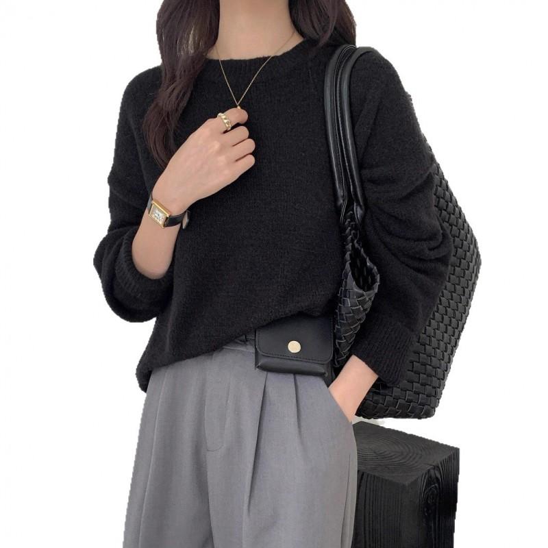 Womens Oversized Crew Neck Knit Sweater Loose Fit Casual Pullover Winter Solid Color Acrylic Blend