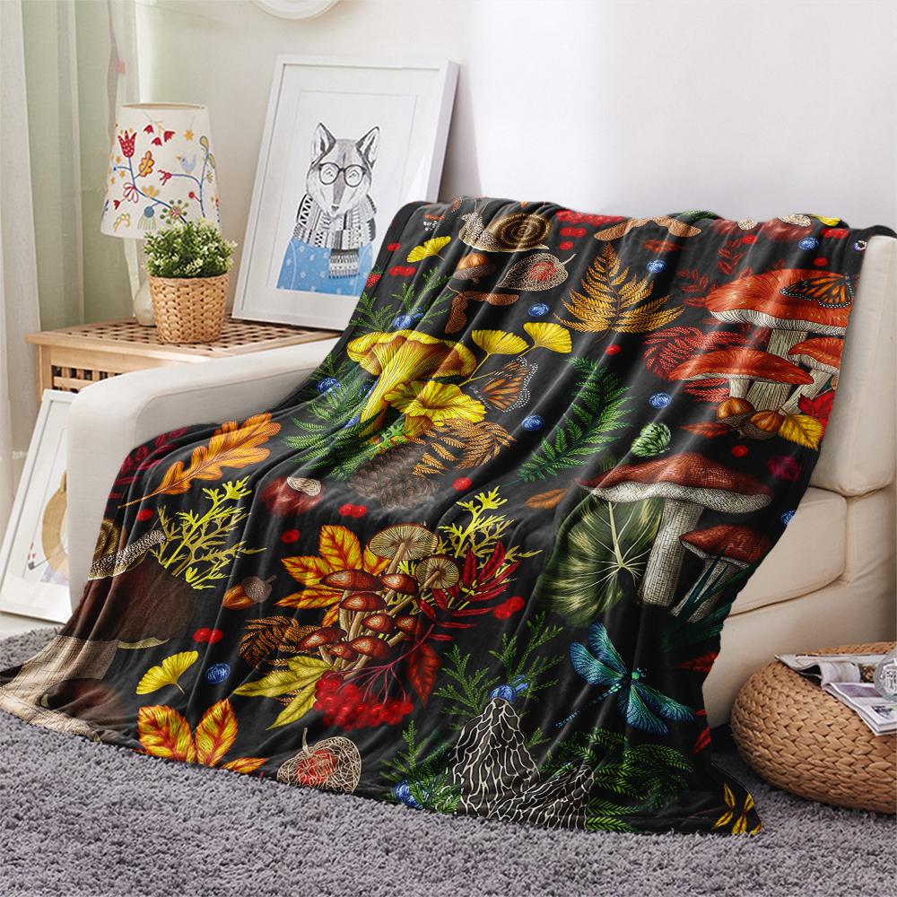 1Pc Dreamy Exotic Mushroom Print Flannel Blanket, High quality Comfortable for All Seasons, Home Decor, Warmth and Comfort, Perfect for Gifts