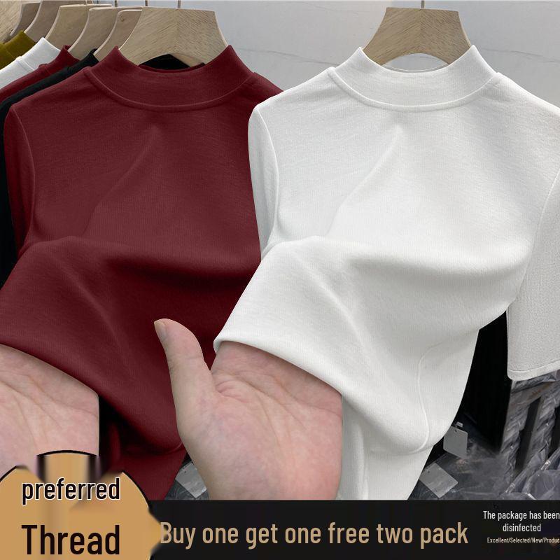 Chic High-Neck Slimming Mid-Sleeve Top (1/2 Piece) - Fashionable Natural Shoulders, Ideal for Spring/Autumn Layering, Body-Conscious Women's T-Shirt