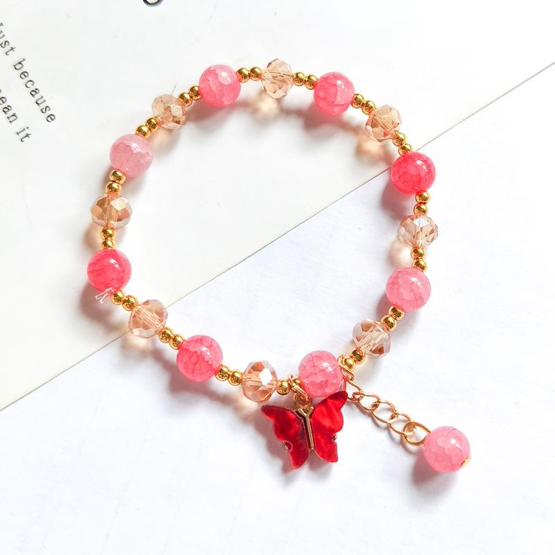 New Sweet Fashion Butterfly Pendant Tassel Imitation Jade Cracked Crystal Elastic Beaded Bracelet for Women Girl Zircon Gifts