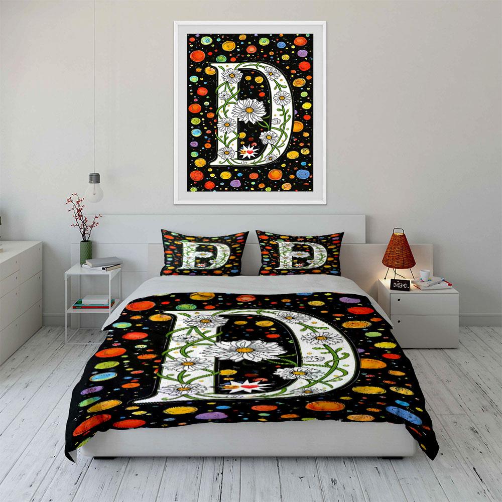 Daisies, letter "D," colorful circles. Bedding sets Duvet cover sets Duvet covers Pillowcases(1 * Duvet Cover 2 * Pillowcases without duvet insert)