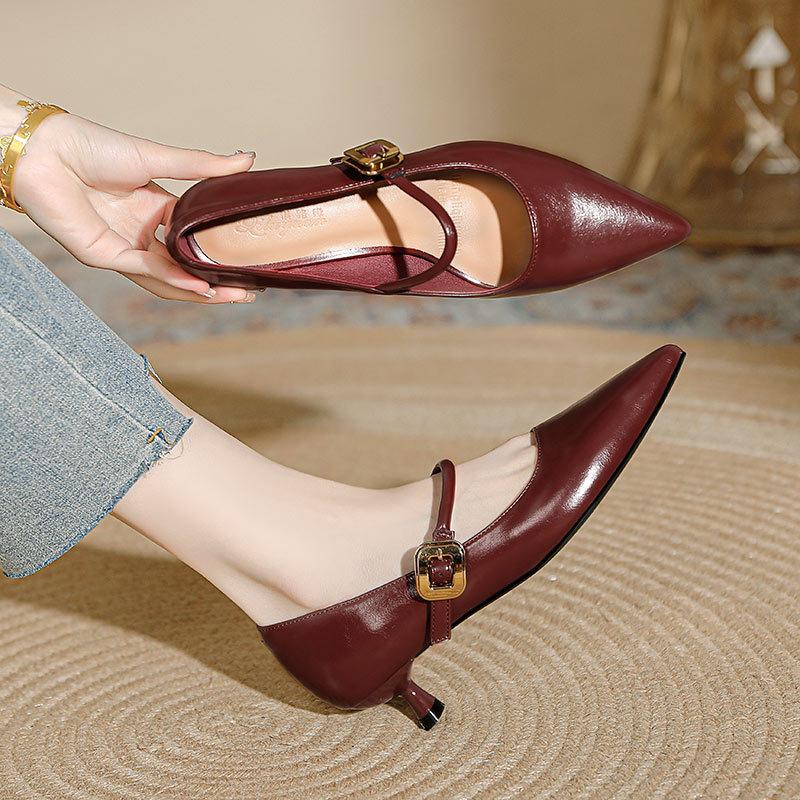 Pointed single shoes medium heel one-word strap high heels stiletto soft leather Mary Jane shoes