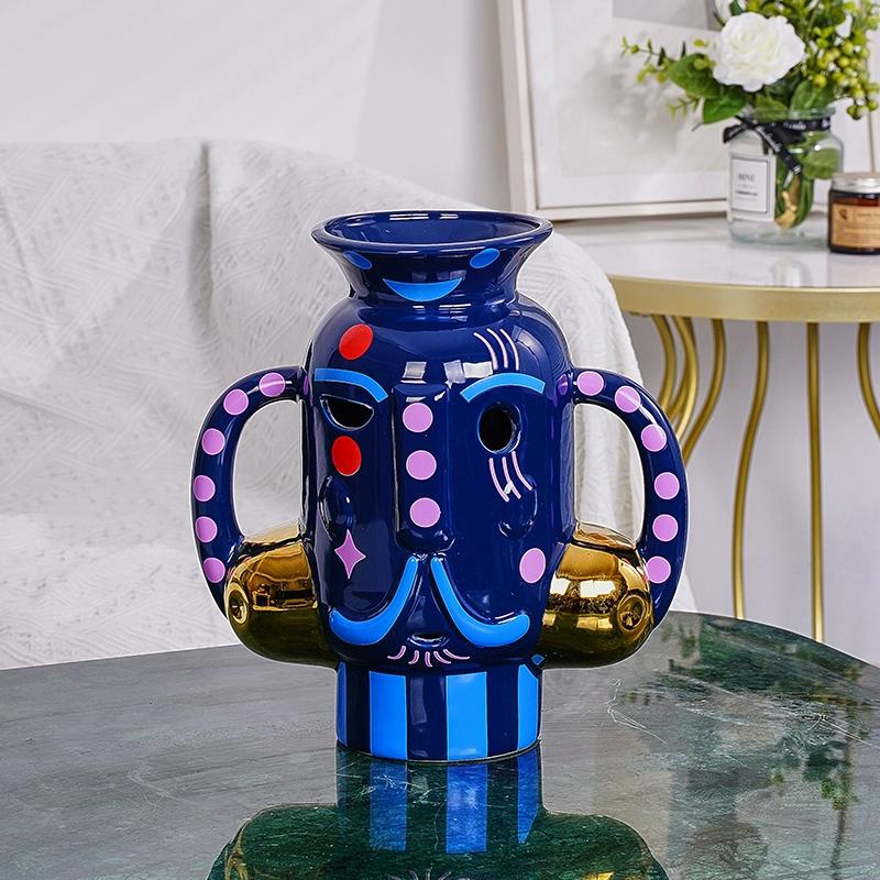 Creative Facial Makeup Ceramic Vase Ornaments, Living Room, Home, Desktop, Dry, Ornaments, Hand-painted, Colorful Flower Ware