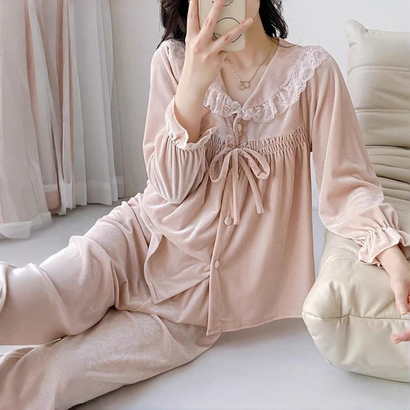 Golden velvet pajamas set new women's autumn and winter long-sleeved trousers lace lace air conditioner clothes cardigan loungewear