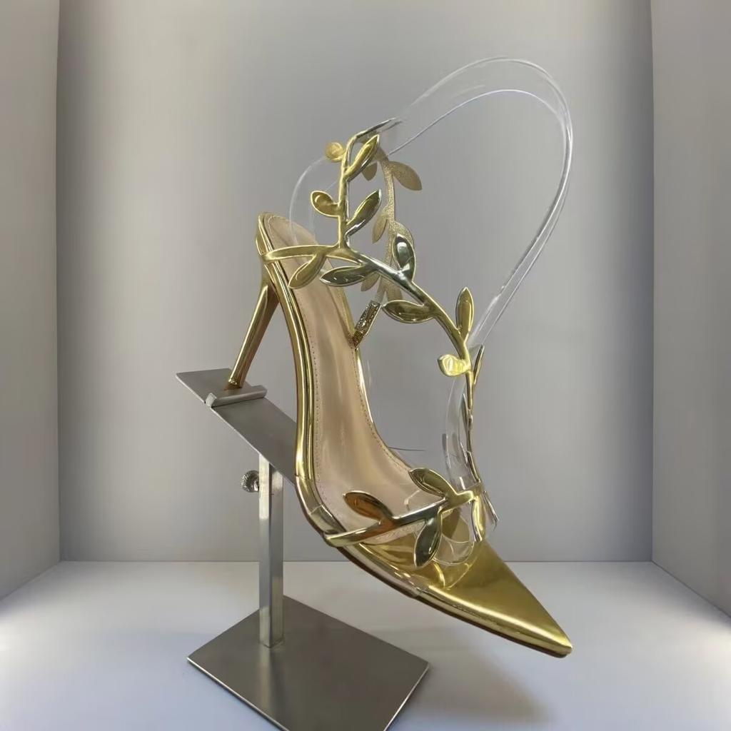 Women's Summer Golden Leaf-Embellished Heels Stiletto Pointed Toe Open Toe Dress Sandals