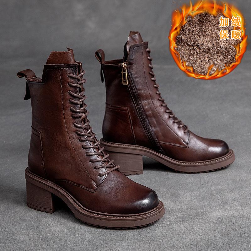 Fashion 2025 Handmade Retro High Heel Boots Women Autumn Winter Full Cow Leather Round Toe Zipper Trend Warm Mid-Calf Boots Female