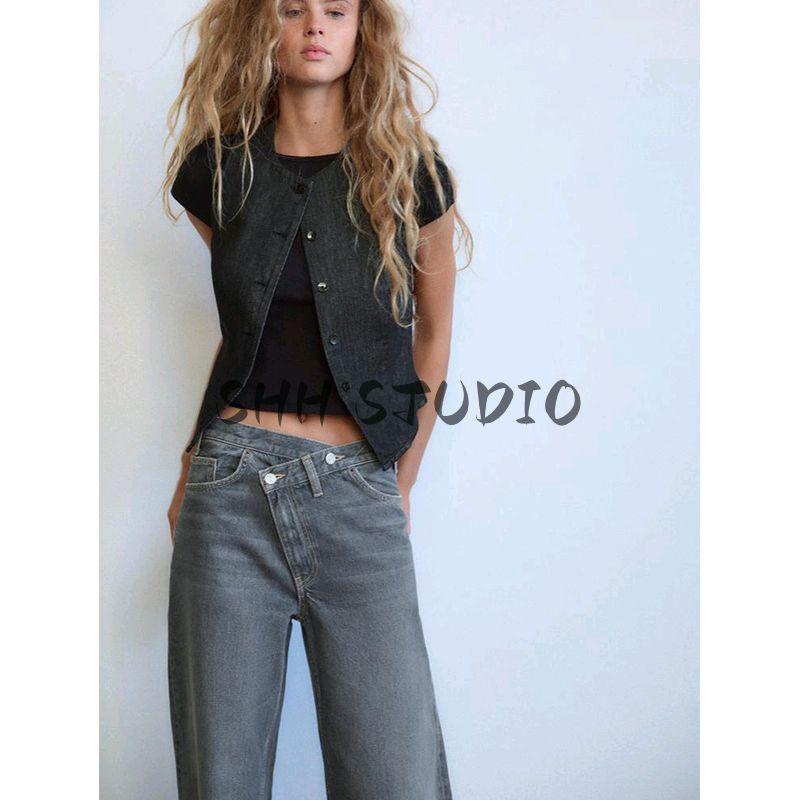 Spring New Women's Clothing French Asymmetric Design Cotton Double Breasted Mid Waist Wide Leg Denim 6045036