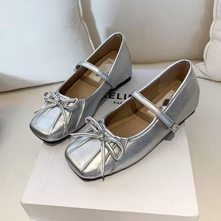 French retro light mouth single shoes new spring and summer bow soft sole square head word Mary Jane shoes