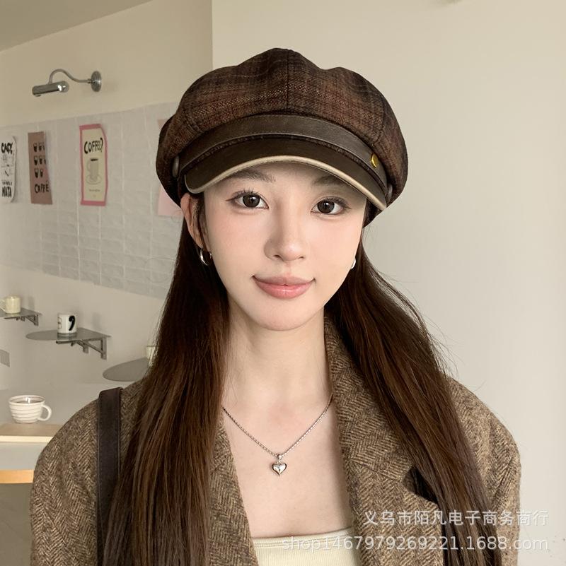 British Retro Literary and Artistic Plaid Newsboy Hat Women's Autumn and Winter Casual Versatile Octagonal Hat Fashion Show Face Small Painter Hat
