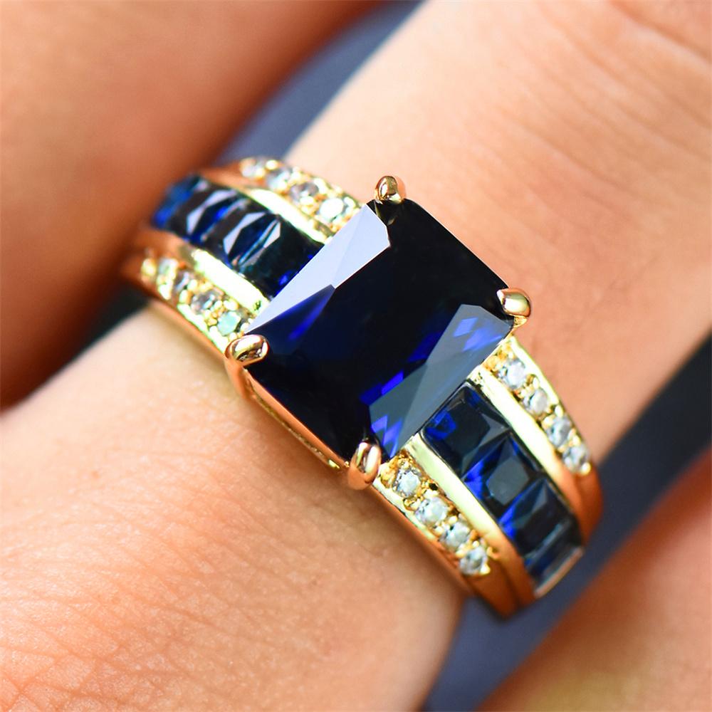 Fashion Female Blue Zircon Square Finger Ring Yellow Gold Color Wedding  For Women Party Accessories