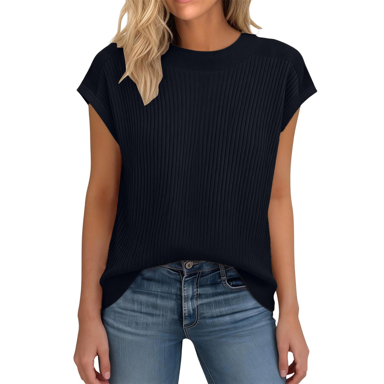 Women s Fashion Versatile Round Neck Knitted Short Sleeve Top XXL чёрный