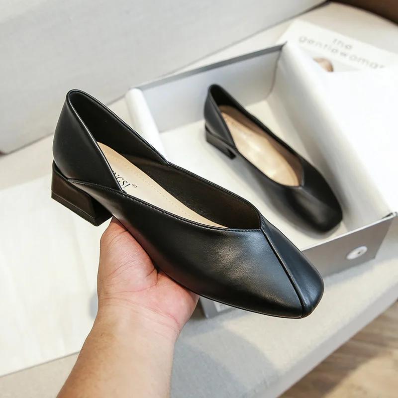New Women Leather Casual Shoes Chunky Heel Pumps Comfortable OL Slip-on High Heels Shoes Leisure Loafers 33-43