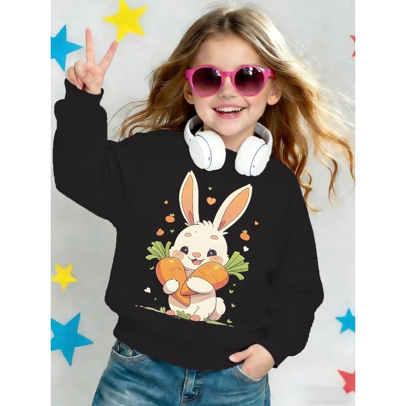 Kids Crewneck Sweatshirt, Cute White Rabbit Carrot Print Long Sleeve Casual Top for Spring Autumn