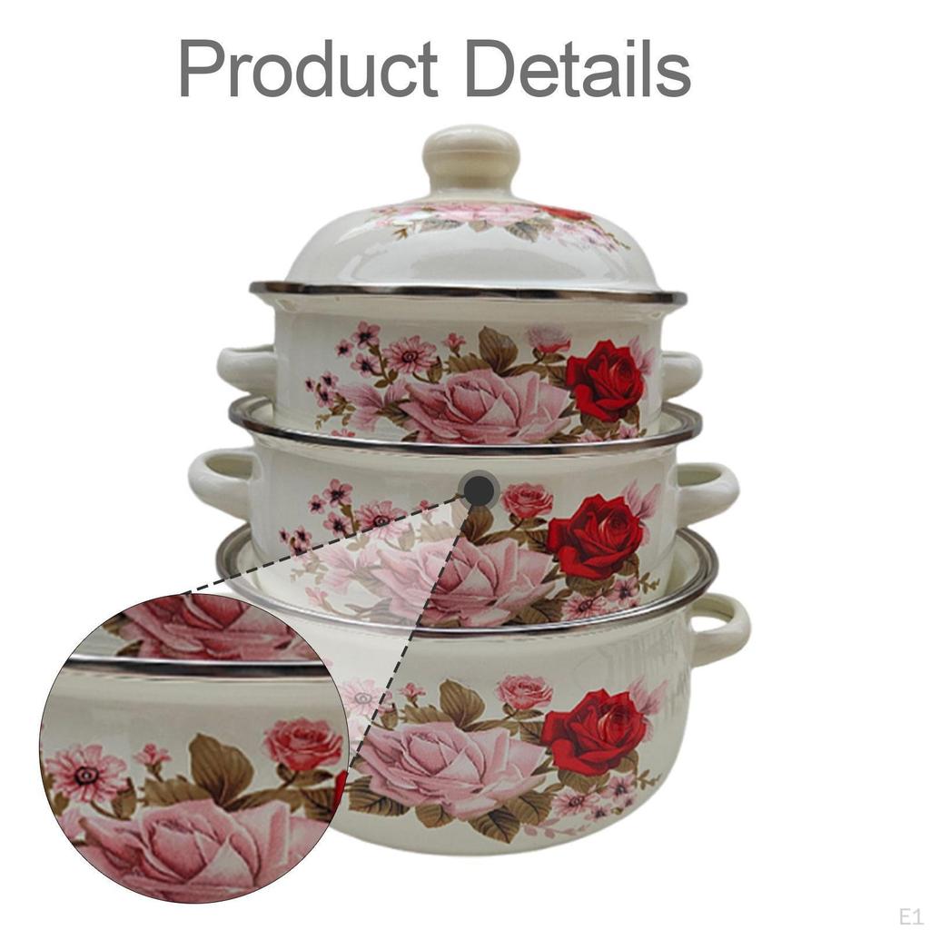 3 Enameled Pots with Lids And Flat Bottoms of 1.2 L, 1.5 L 1.8 L. Ideal for Induction Cookers