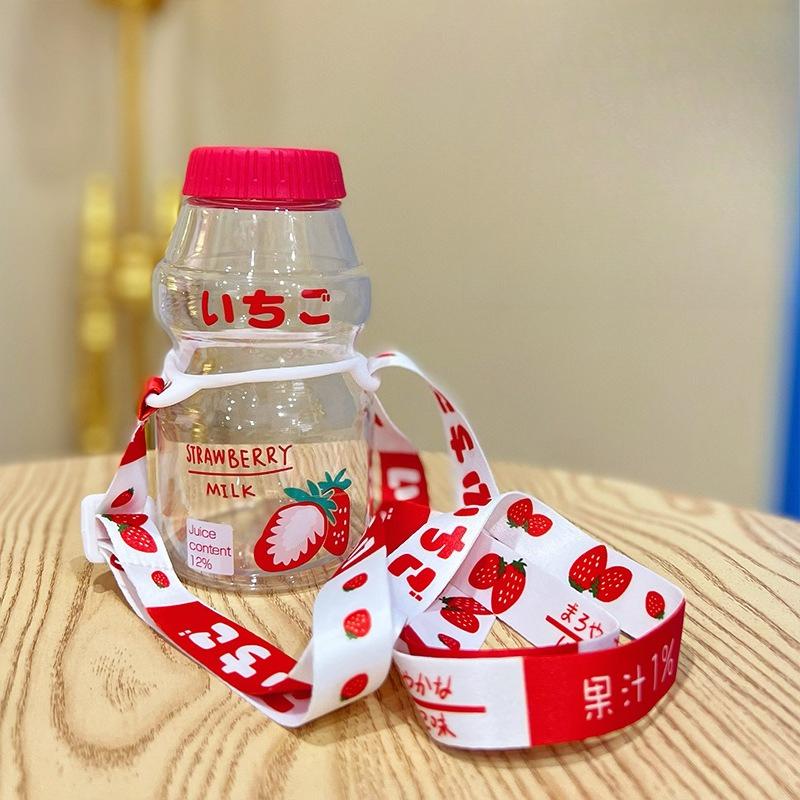 480ml Kawaii Plastic Water Bottle With Cup Strap Drinking Bottle Yakult Shape Cute Milk Carton Shaker Bottle for Kids/Girl/Adult