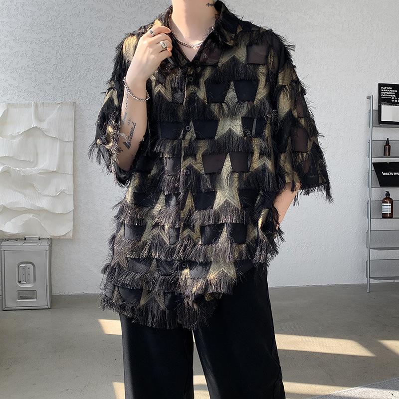

Men Fringed Sheer Mesh Short Sleeve Shirt Casual Loose Fashion Streetwear Top S чёрный