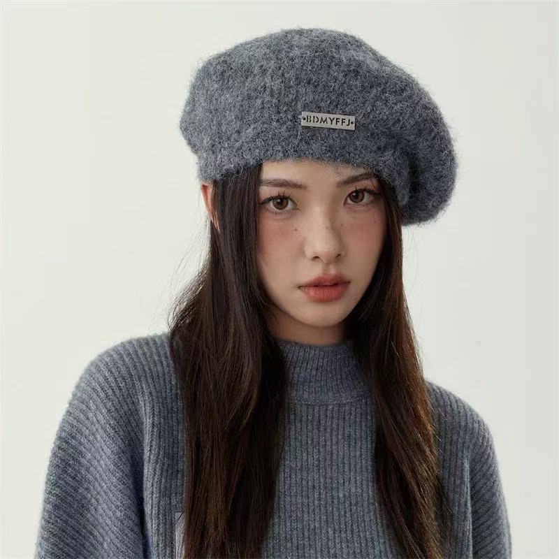Mohair Gestrickte Baskenmütze Damen Neuer Winterstil Japanisch All Match Großer Kopfumfang Grau Wolle Malermütze