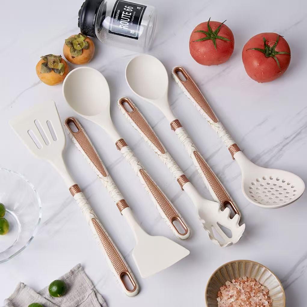 Silicone 7-Piece Kitchen Utensil Set with Storage Rack: Heat-Resistant, Non-Stick Spatula, Slotted Spoon, Ladle.