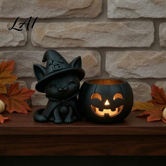 Desktop Ghostly Ornament Halloween Black Cat Pumpkin Candlestick 3D Printed Witch Candle Decor Holder with Tealight Cup Spooky Tabletop for Party