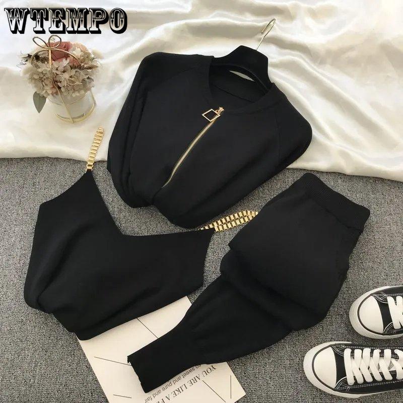 Women Zipper Knitted Cardigans Sweaters + Pants + Chain Vests Three-Piece Set Lady Jumpers Trousers Costumes Outfit Suit
