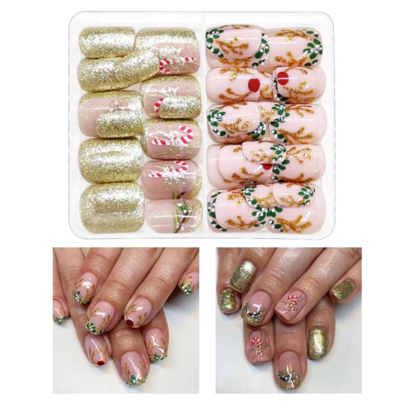 48 Pcs Candy Cane Artificial Nail Elk Full Cover Stick On Nail Christmas False Nail Short Square Press On Nail