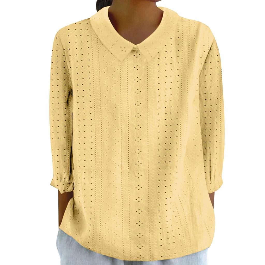 Button-Down-Hemden für Damen, Ösen-Spitzenkragen, 3/4-Ärmel, einfarbig, lässig, lockere Passform, bequem, für den Herbst, für den Alltag