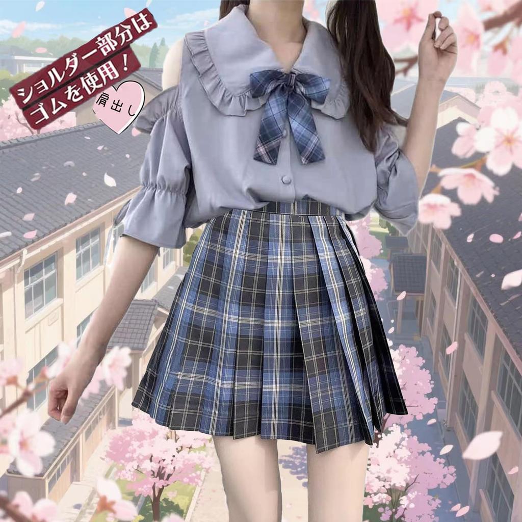 KALAOK JK Short High School Set with Pleated Perfect for Amusement Cultural and Size S Uniform, Sleeves, Girl, 3-Piece Bow, Skirt, Halloween, Parks,