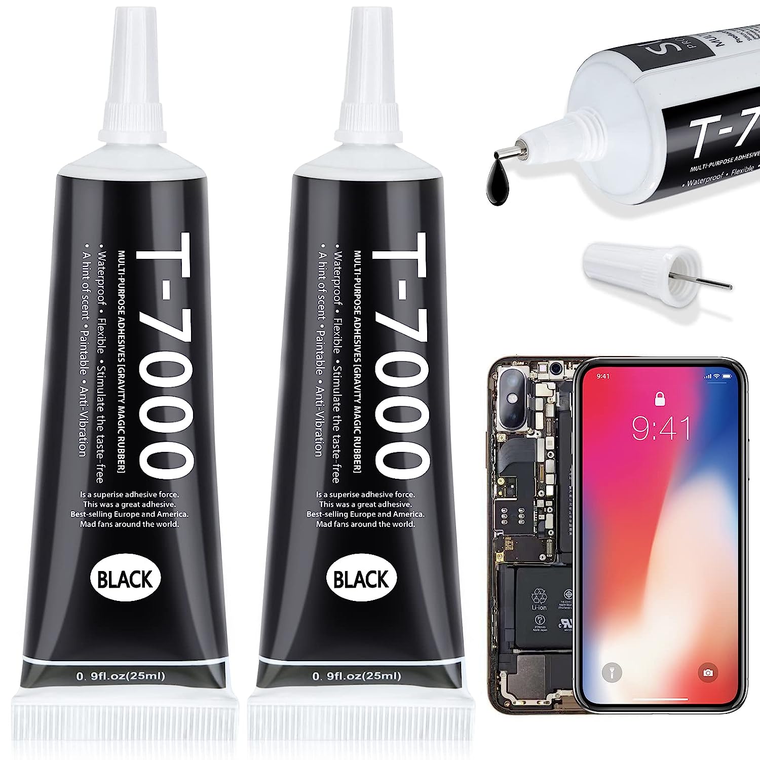 

2шт T 7000 Pone Repair Glue, многоцелевой клей T-7000, черный клей для ремонта экрана телефона, рукоделия, дерева, кожи, обуви 25 ML