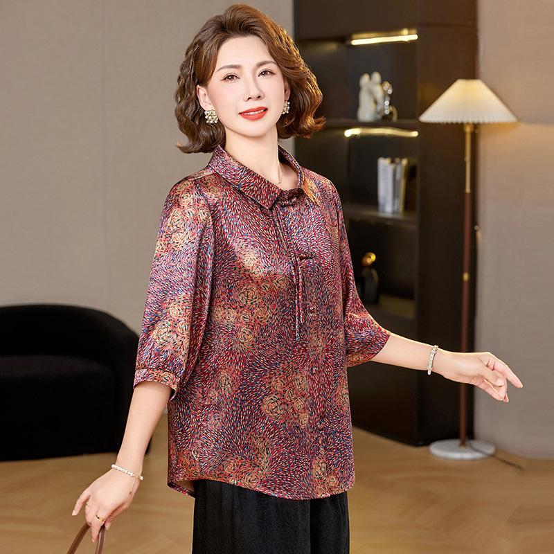 Mom's Stylish Floral Seven-Sleeve Shirt for Middle-Aged Women - Trendy and Casual Thin Jacket