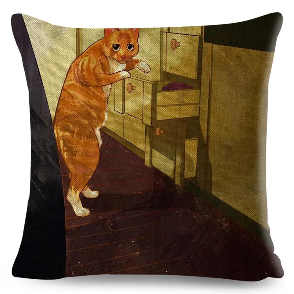 Olejomalba Roztomilá Kočka Povlak na Polštář Dekor Barevný Kreslený Domácí Zvíře Povlak na Polštář Polyesterový Povlak na Polštář na Pohovku Dětský Pokoj