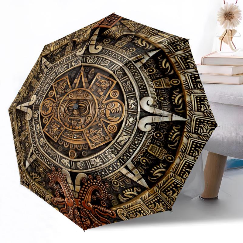 Aztekenkalender-Scheibe Outdoor Automatischer Regenschirm Kompakt 8-Rippen Leicht Langlebig Täglicher Begleiter Regenschirm Outdoor-Accessoire Stilvolles Geschenk für Frauen