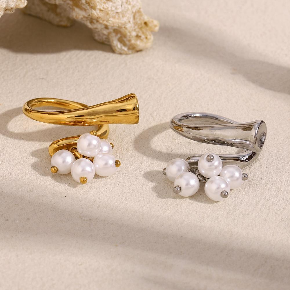 MamacitaSlay Unique 18K Gold Plated Stainless Steel Pearl Geometric Open Rings Waterproof Jewelry Women's Creative Charm Gift
