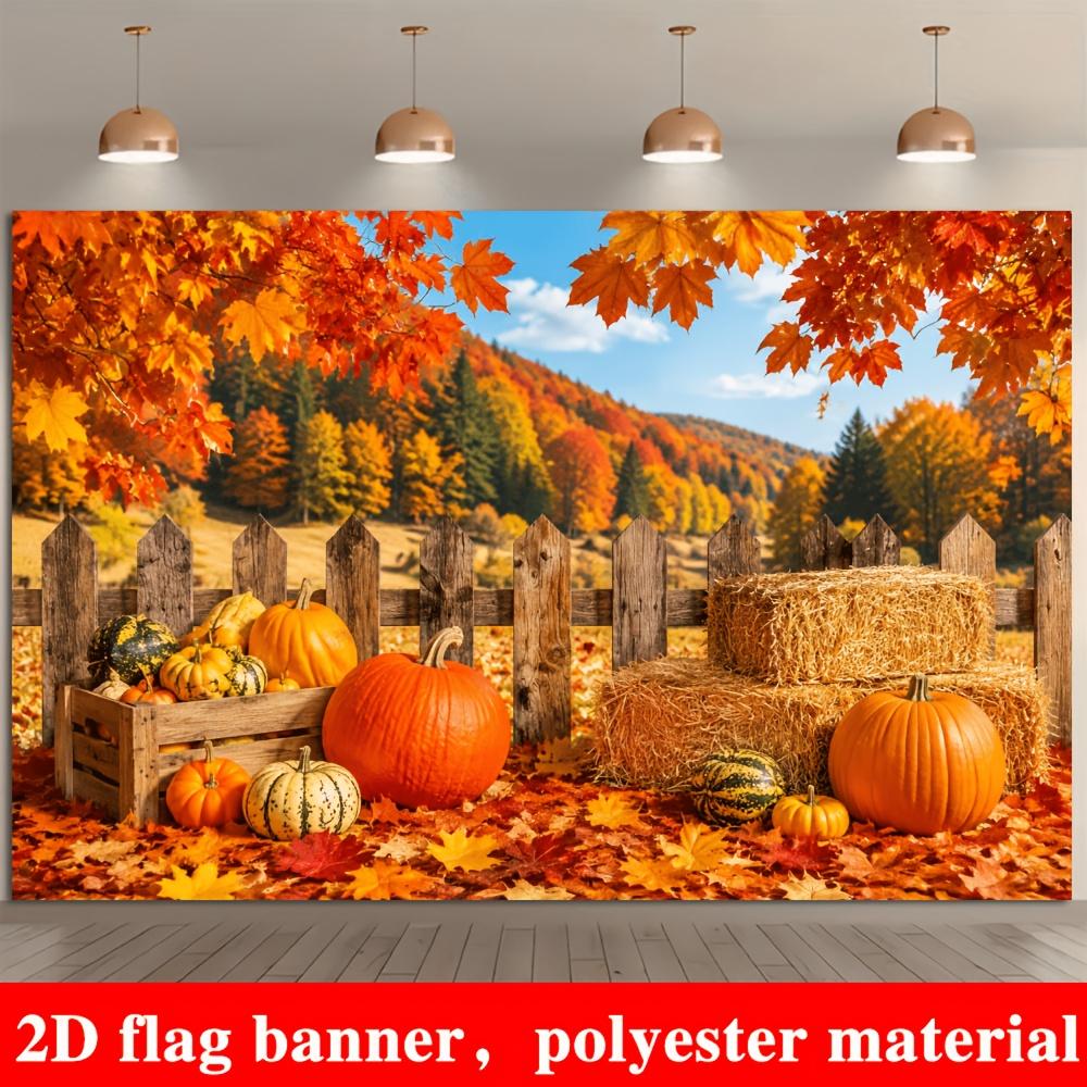 2D planar flag. Autumn harvest theme banner background featuring red maple leaves and various colors of pumpkins.zyc