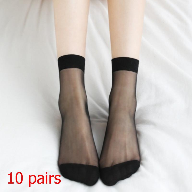 10Pairs Solid Color Socks Women Sexy Elastic Silky Transparent Thin Short Stockings Ladies Casual Ankle Socks