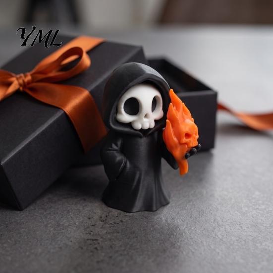 3D Printed Spooky Ornaments Cute Grim Reaper Halloween Figurine, Little Desktop Decorations for Statue with Flame Skull, Ornament, Collectible