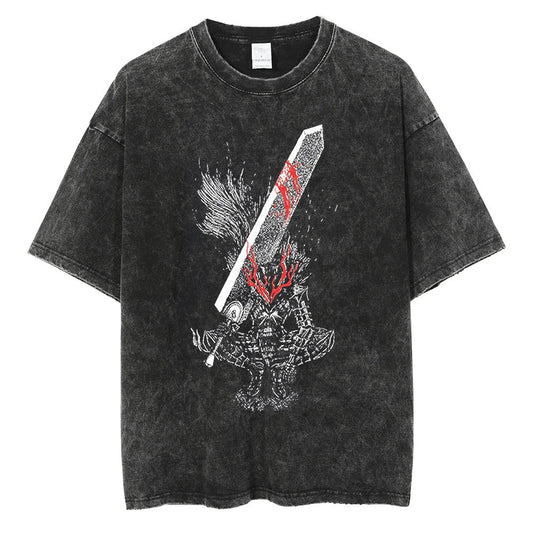 Japanese Anime Berserk Retro Washed T-shirt Men and Women Summer Harajuku Y2K Clothing Fashion Round Neck Short Sleeved Tee