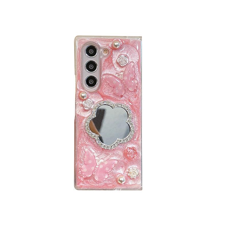 Rhinestone Flower Mirror Phone Case for Samsung Z Flip 7/ Z Fold 8 - New Butterfly Style for Women