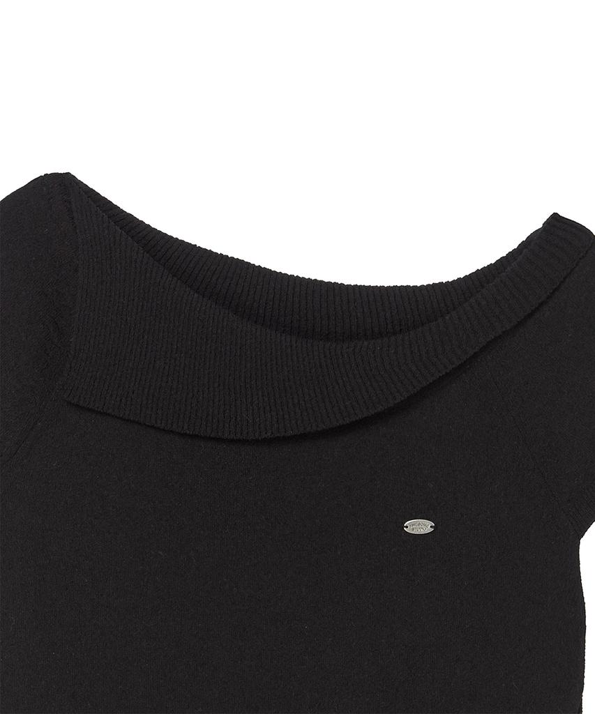AWESOME STUDIO Asymmetrical Collar Off-Shoulder Knit Black