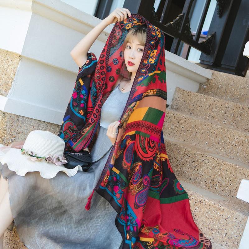 Ethnic Shawl Scarf Seaside Sunscreen Beach Silk Scarf Red Big Yarn Women'S Desert Travel Ladies Po Accessories Ladies