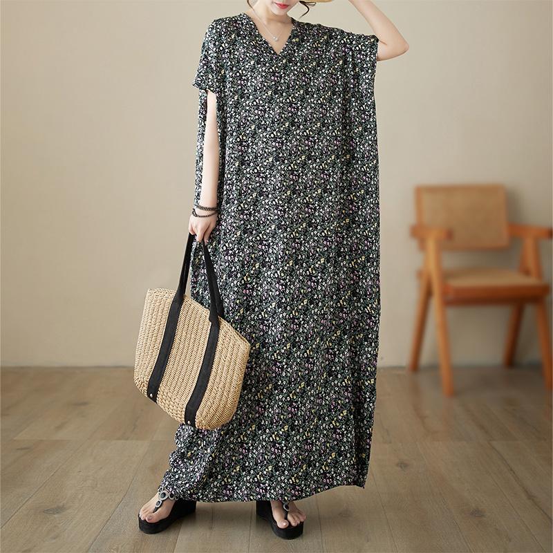 DIMANAF 2024 Plus Size Summer Beach Long Dress Women V-Neck Floral Print Holiday Fashion Casual Short Sleeve Loose Dress 677
