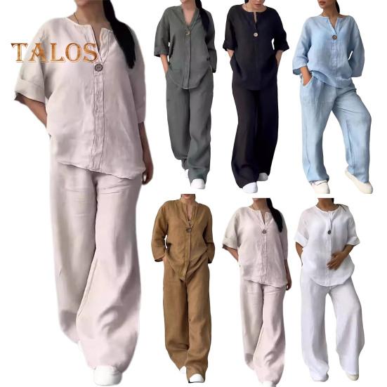 2 pièces/ensemble chemisier pantalon ensemble col en V manches longues bouton décor haut jambe large cordon de serrage taille élastique pantalon OL Commute décontracté tenue de maison