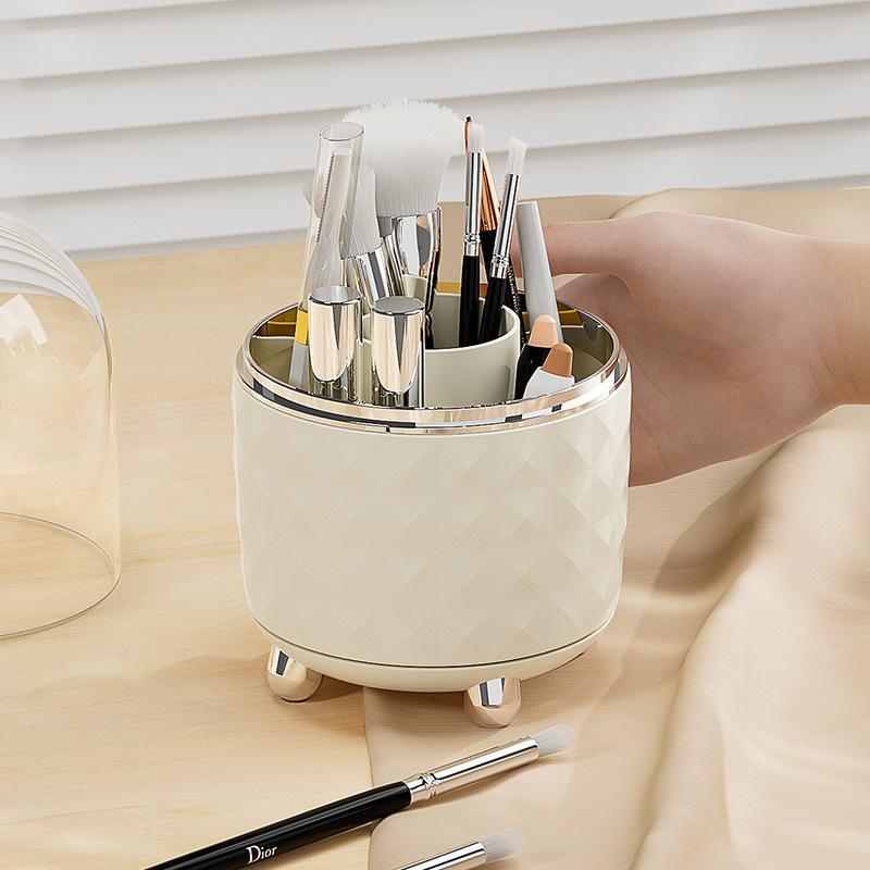 360 Degree Rotating Makeup Brush Holder Large Capacity Diamond Pattern For Vanity Desk Bathroom Cosmetics Storage