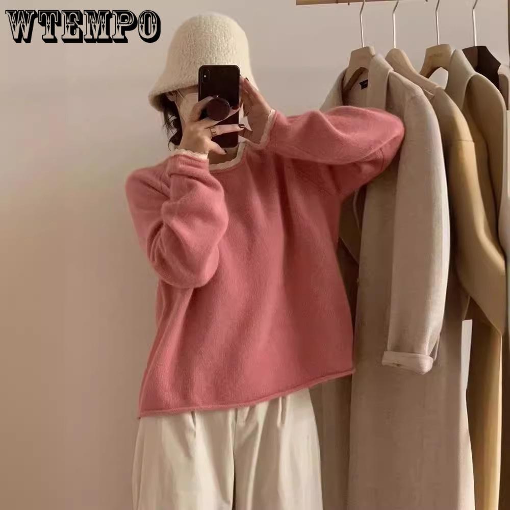 Autumn and Winter Loose Soft Lace Edge Knitted Sweater Top Round Neck Hooded Sweater for Women