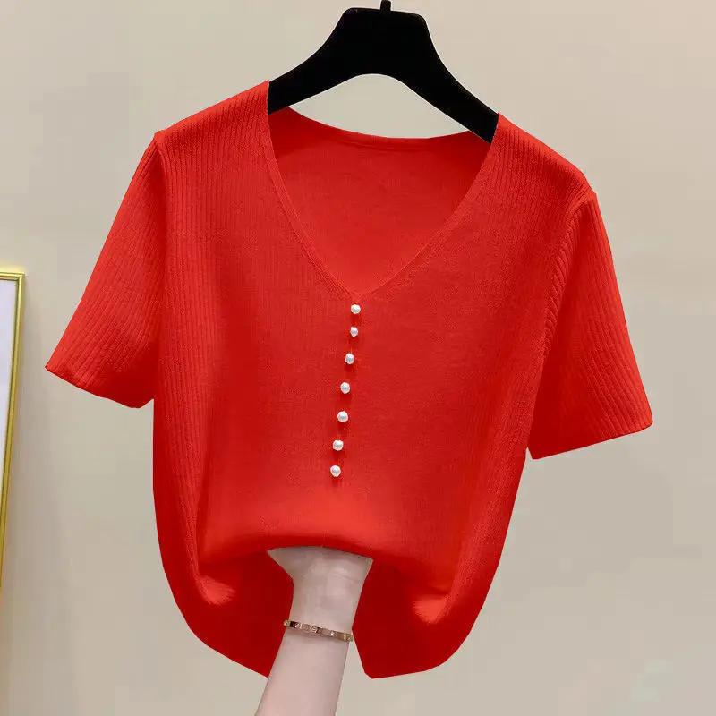 Γυναικείο πλεκτό τοπ με V λαιμόκοψη, κοντομάνικο, με κουμπιά πέρλα, casual, χαλαρή εφαρμογή, μπλούζα