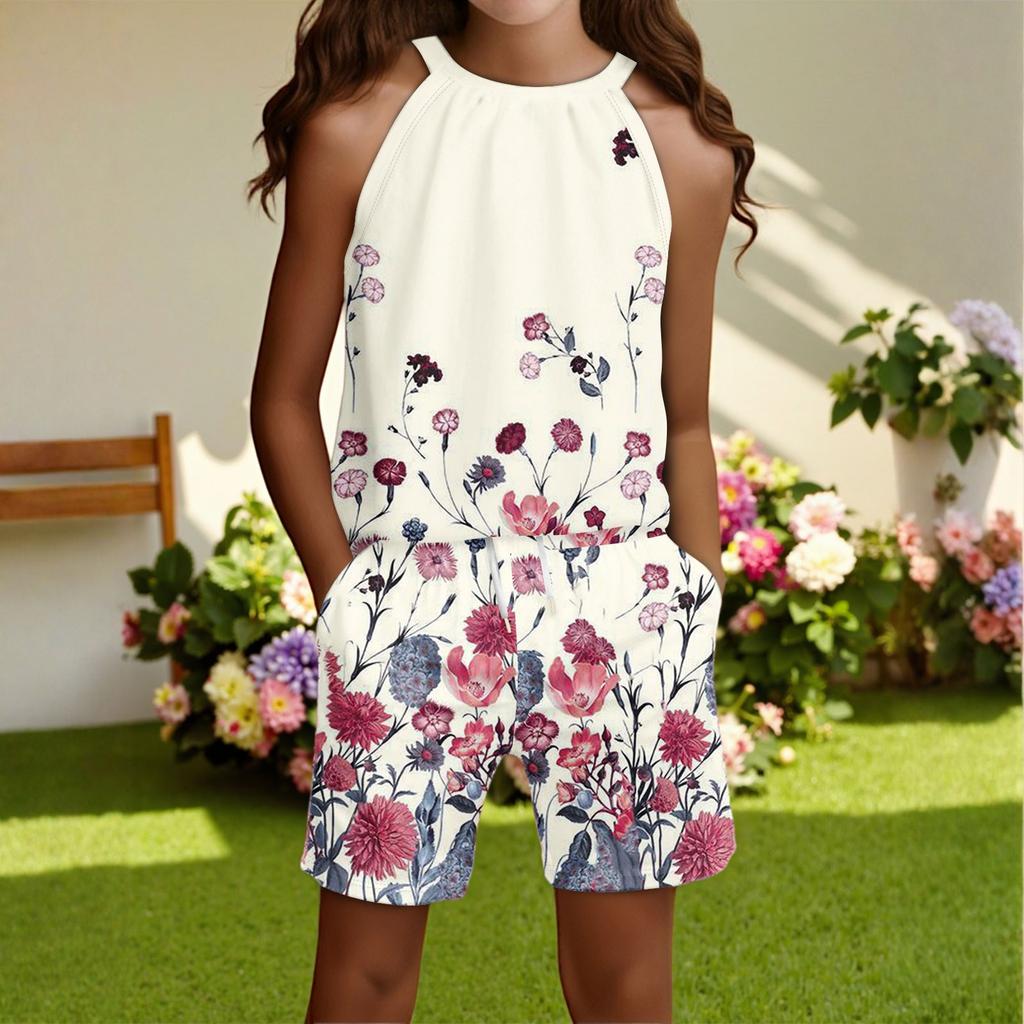 Children's Casual Fashion Round Neck Sleeveless Top Shorts Set