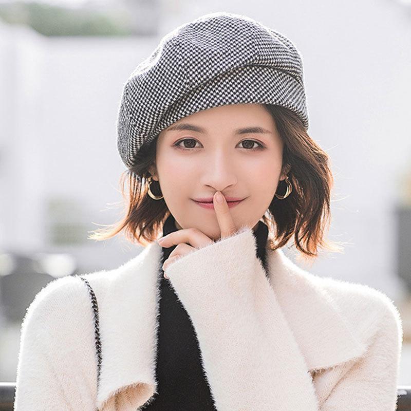 Autumn And Winter New Chitose Grid Beret British Retro Art Painter Hat Japanese Trendy Women's Beret Fashionable Warm Hat