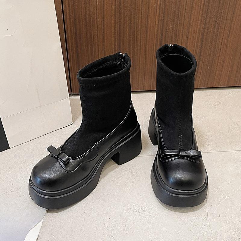 

Маленькие эластичные облегающие ботильоны женские новые с круглым носком, бантом, на платформе, с задней молнией, на высокой платформе 40