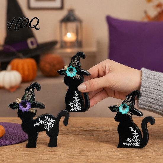 Spooky Table Decorations 3Pcs Halloween Decoration Black Cat Ghost Witch Hat Decor Centerpiece Rustic Farmhouse Wooden Centerpieces for Home Office